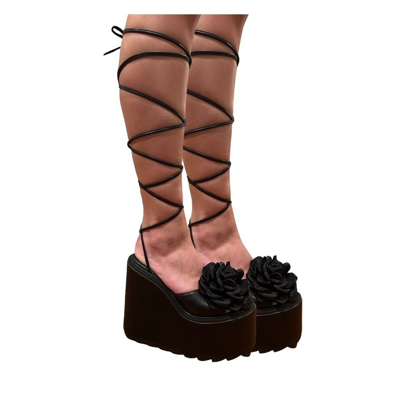 New Yru Dolce Blackout Faux Leather Flower Toe Platform Wedge Wrap Sandals 6